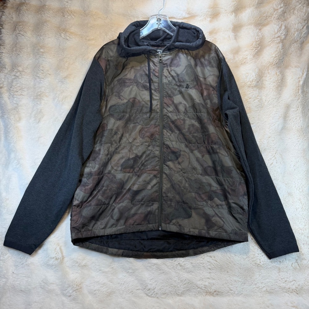 Volcom Mens Camo Quilted Full Zip Hoodie Jacket XL‎ Charcoal Grey Hybrid Puffer